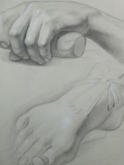 Graphite on paper two artist studies of hands and extended foot