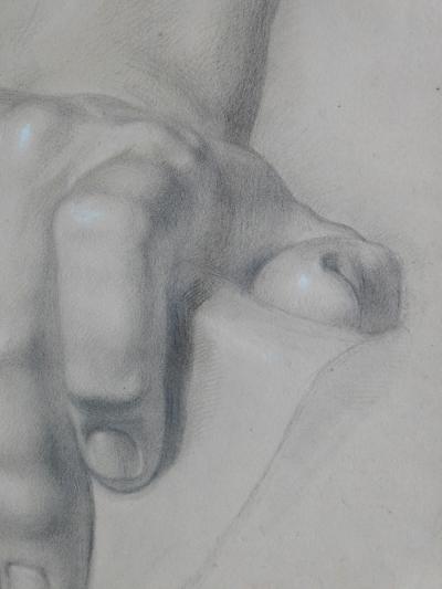 Graphite on paper two artist studies of hands and extended foot
