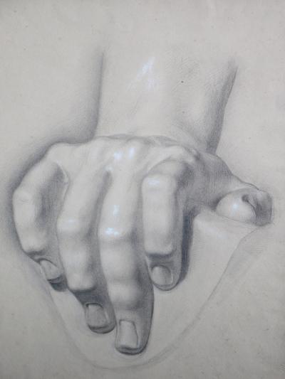 Graphite on paper two artist studies of hands and extended foot