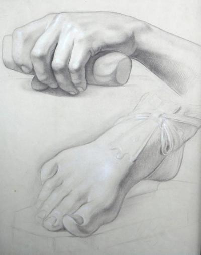 Graphite on paper two artist studies of hands and extended foot