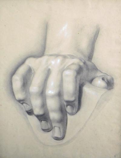 Graphite on paper two artist studies of hands and extended foot
