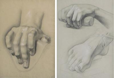 Graphite on paper two artist studies of hands and extended foot