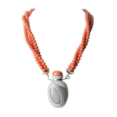 Gray Agate Snuff Bottle Pendant On A Three Strand Coral Bead Necklace 1850s 