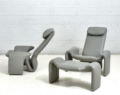 Gray Leather Lounge Chairs and Ottoman by Steve Leonard for Brayton Intl 1980