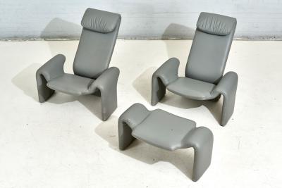 Gray Leather Lounge Chairs and Ottoman by Steve Leonard for Brayton Intl 1980
