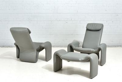 Gray Leather Lounge Chairs and Ottoman by Steve Leonard for Brayton Intl 1980