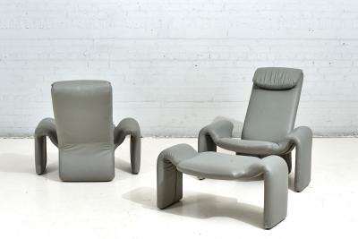 Gray Leather Lounge Chairs and Ottoman by Steve Leonard for Brayton Intl 1980