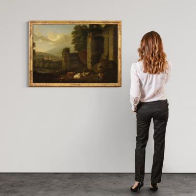 Great 17th century Italian painting bucolic landscape with ruins