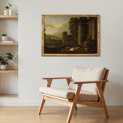 Great 17th century Italian painting bucolic landscape with ruins