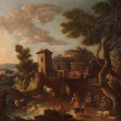 Great 17th century Italian painting countryside landscape with figures