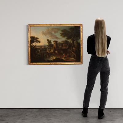Great 17th century Italian painting countryside landscape with figures