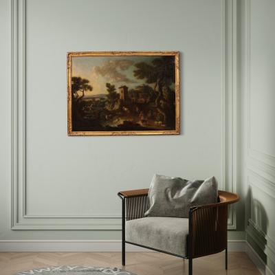 Great 17th century Italian painting countryside landscape with figures