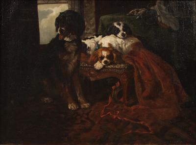 Great 19th century French painting interior scene with pet dogs