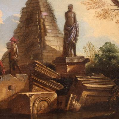 Great Capriccio Painting with Classical Ruins and Figures from the 18th Century