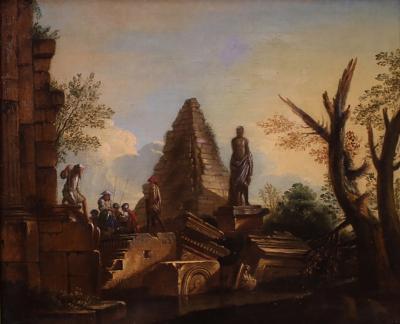 Great Capriccio Painting with Classical Ruins and Figures from the 18th Century