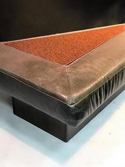 Great Modern Sculptural Triangular Leather Granite and Walnut Bench