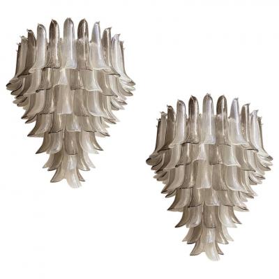 Great Pair of Chandeliers in Precious Smoky and Clear Murano Glass