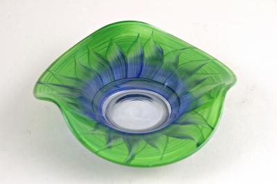 Green Blue Murano Glass Bowl Handpainted Italy circa 1970