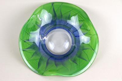Green Blue Murano Glass Bowl Handpainted Italy circa 1970