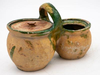 Green Glazed Shepherds Lunch Holder with Bowls and Handle France 19th C 
