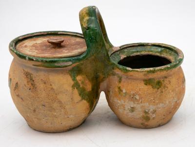Green Glazed Shepherds Lunch Holder with Bowls and Handle France 19th C 