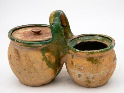 Green Glazed Shepherds Lunch Holder with Bowls and Handle France 19th C 