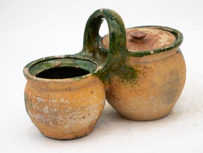 Green Glazed Shepherds Lunch Holder with Bowls and Handle France 19th C 