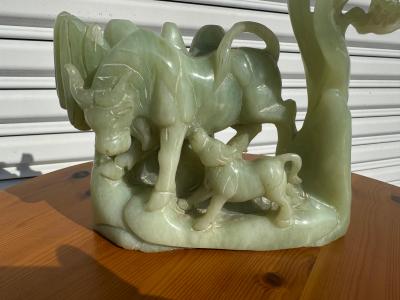 Green Jade Cow and Feeding Calf Sculpture
