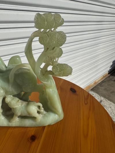 Green Jade Cow and Feeding Calf Sculpture