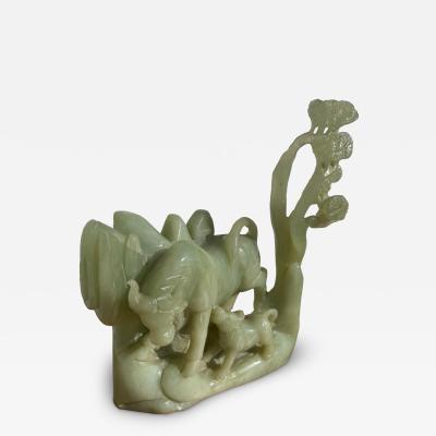 Green Jade Cow and Feeding Calf Sculpture