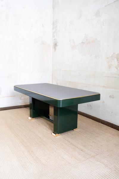 Green Lacquered Console with Leather Top And Brass Details 1970s
