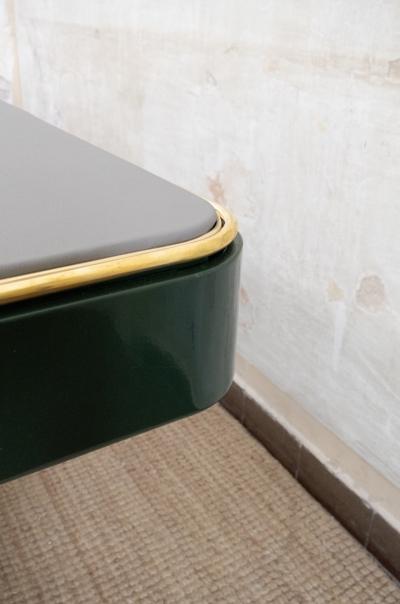 Green Lacquered Console with Leather Top And Brass Details 1970s