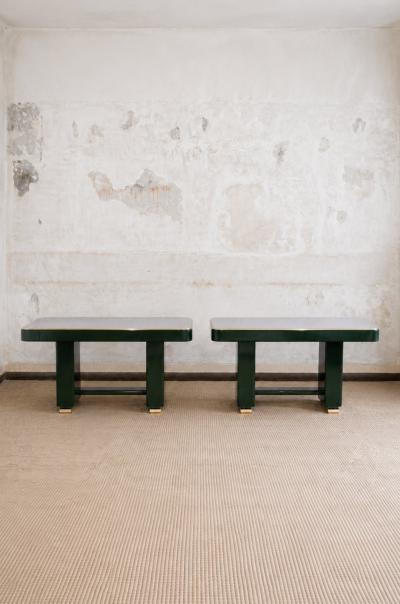Green Lacquered Console with Leather Top And Brass Details 1970s