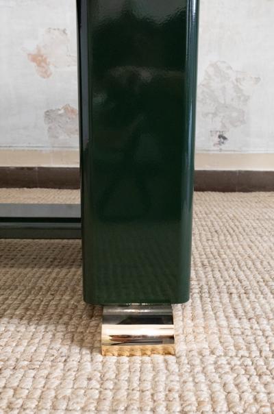 Green Lacquered Console with Leather Top And Brass Details 1970s