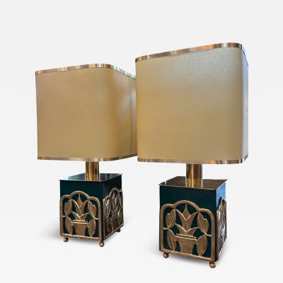 Green Lacquered Table Lamps with Botanical Motif 1970s