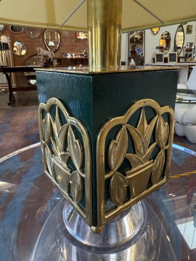 Green Lacquered Table Lamps with Botanical Motif 1970s