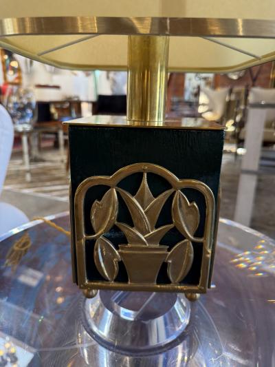 Green Lacquered Table Lamps with Botanical Motif 1970s