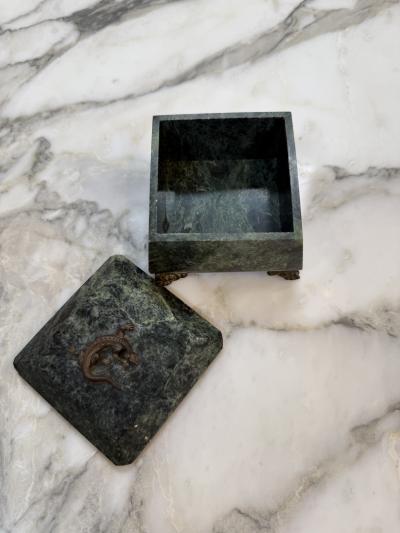 Green Marble Box with Bronze Accents and Animal Finial