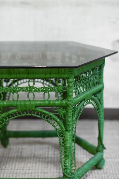 Green handwoven rattan coffee table 1970s
