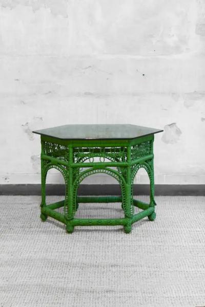 Green handwoven rattan coffee table 1970s