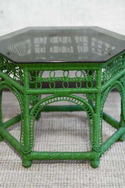 Green handwoven rattan coffee table 1970s