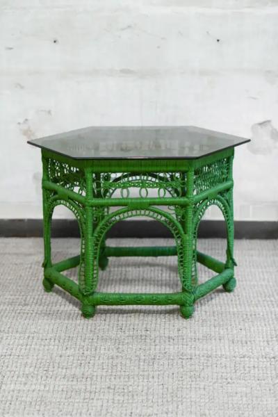 Green handwoven rattan coffee table 1970s