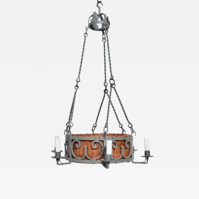 Green wrought iron and wicker ceiling lamp 1940s 