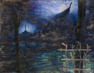 Gregory Kitterle Sogno di Oro Golden Dream Symbolist Figurative Painting in Blue and Gold
