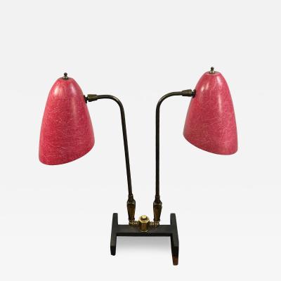Greta Magnusson Grossman UNUSUAL MID CENTURY DOUBLE RED FIBERGLASS CONE SHADE AND BRASS LAMP
