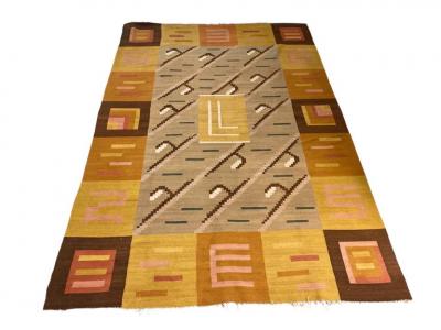Greta Skogster Lehtinen Finnish Geometrical Flat Weave Carpet in Natural Tones Wool Finland 1930s