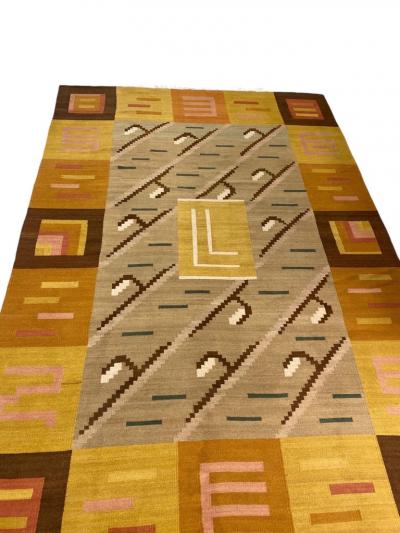 Greta Skogster Lehtinen Finnish Geometrical Flat Weave Carpet in Natural Tones Wool Finland 1930s