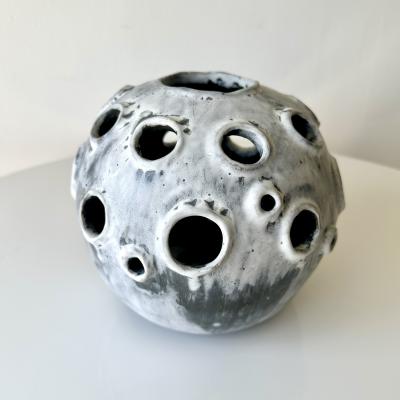 Grey and White Moonvase with Decorative Openings by Aram C 