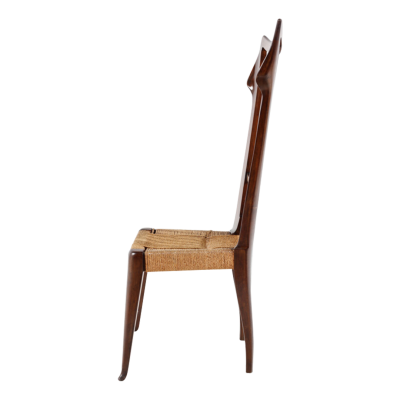 Guglielmo Pecorini 1940s Guglielmo Pecorini rare set four sculpted walnut straw dining chairs