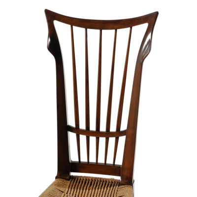 Guglielmo Pecorini 1940s Guglielmo Pecorini rare set four sculpted walnut straw dining chairs